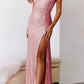 Sexy formal solid color sequin slit diagonal collar evening dress One Shoulder Sparkly