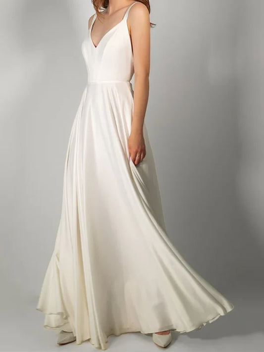 A-line/Princess V-neck bow with slit and ground length wedding dress Pure Color