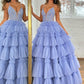 Sparkly Lilac A Line Beaded Long Tiered Corset Prom Dress With Slit Sexy