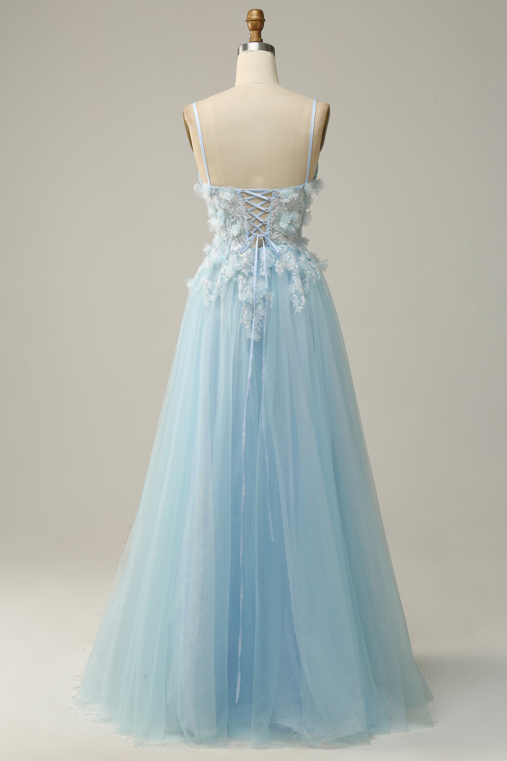 A Line Spaghetti Straps Sky Blue Prom Dress with Appliques Beautiful