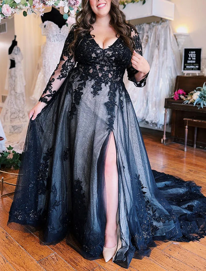 A-Line Evening Gown Black Dress Formal Wedding Court Train Sleeveless V Neck Fall Wedding Reception Tulle with Slit Appliques Sparkly