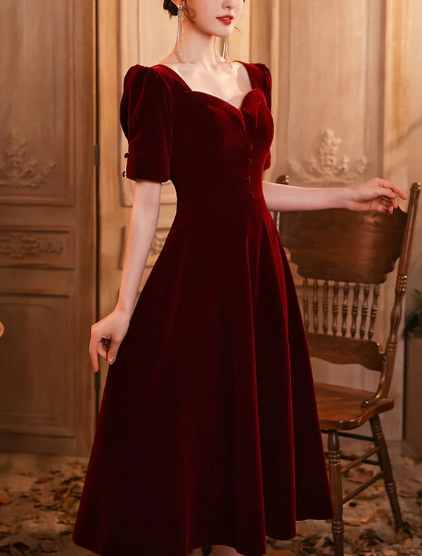 A-Line Cocktail Dresses Elegant Dress Wedding Guest Homecoming Tea Length Half Sleeve Scoop Neck Velvet