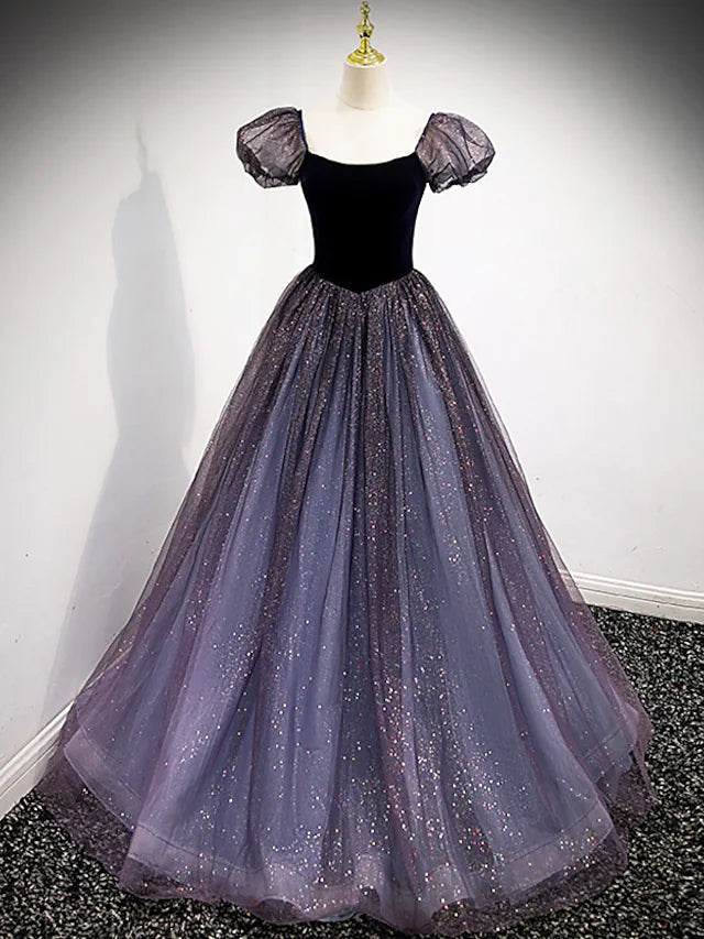 Ball Gown Prom Dresses Cute Dress Engagement Floor Length Short Sleeve Square Neck Tulle with Sequin