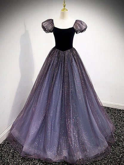 Ball Gown Prom Dresses Cute Dress Engagement Floor Length Short Sleeve Square Neck Tulle with Sequin