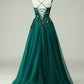 A Line Spaghetti Straps Dark Green Corset Prom Dress with Appliques Beautiful