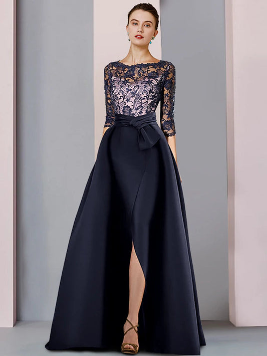 Sheath / Column Mother of the Bride Dress Formal Party Elegant Scoop Neck Sweep / Brush Train Satin Lace Half Sleeve with Bow(s)