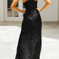 Sexy formal solid color sequin slit diagonal collar evening dress One Shoulder Sparkly