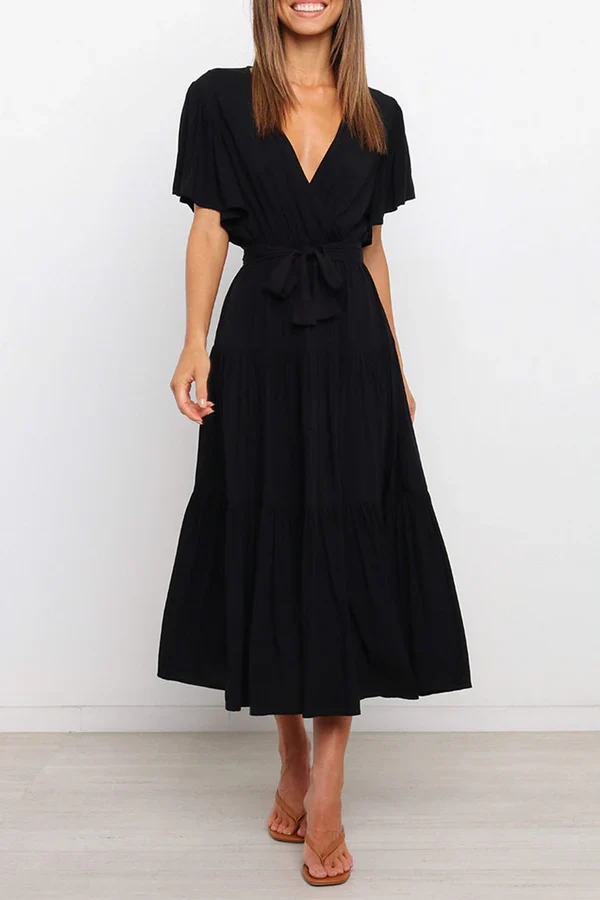 Leisure solid color patchwork V-neck cake dress evening dress Party Dress