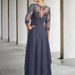 A-Line Mother of the Bride Dress Plus Size Elegant Jewel Neck Ankle Length Chiffon Lace Half Sleeve with Ruched Ruffles