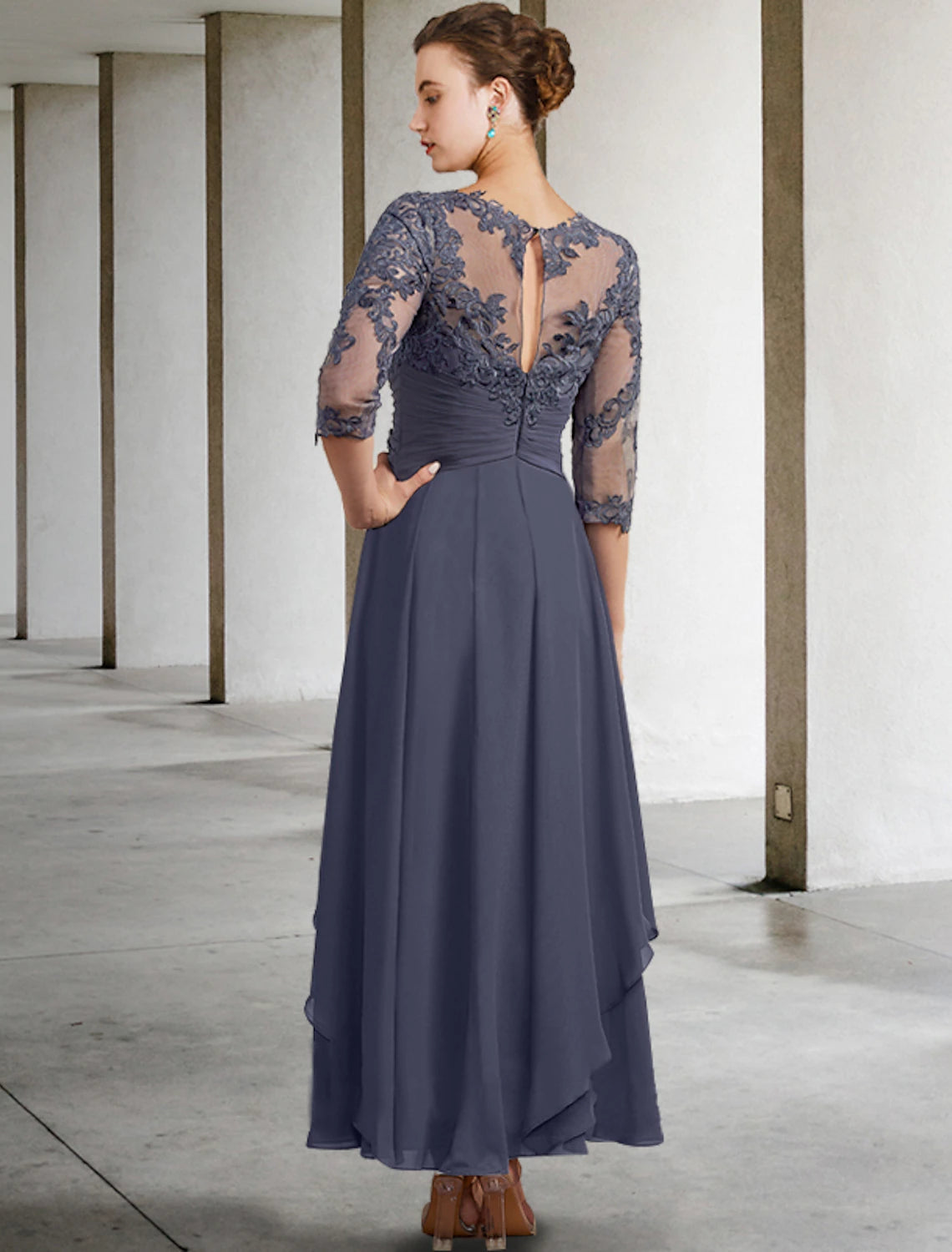 A-Line Mother of the Bride Dress Plus Size Elegant Jewel Neck Ankle Length Chiffon Lace Half Sleeve with Ruched Ruffles