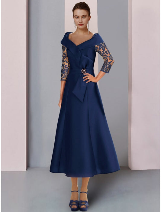 A-Line Mother of the Bride Dress Wedding Guest Elegant Petite V Neck Tea Length Satin Lace 3/4 Length Sleeve with Bow(s) Crystal