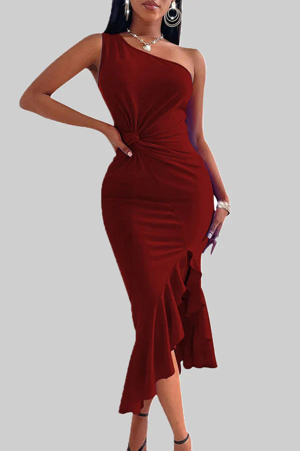 Sexy solid color patchwork with ruffled edges on one shoulder irregular evening dress Party Dress