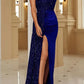 Elegant solid color sequin neck hanging A-line evening dress With Slit Sparkly