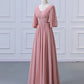 A-Line Bridesmaid Dress V Neck Half Sleeve Elegant Floor Length Chiffon with Pleats