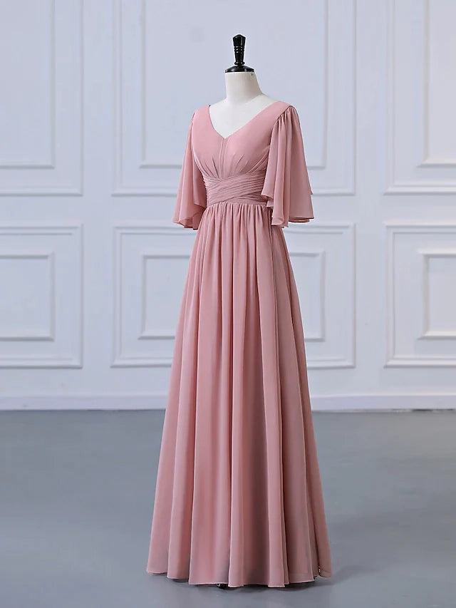 A-Line Bridesmaid Dress V Neck Half Sleeve Elegant Floor Length Chiffon with Pleats