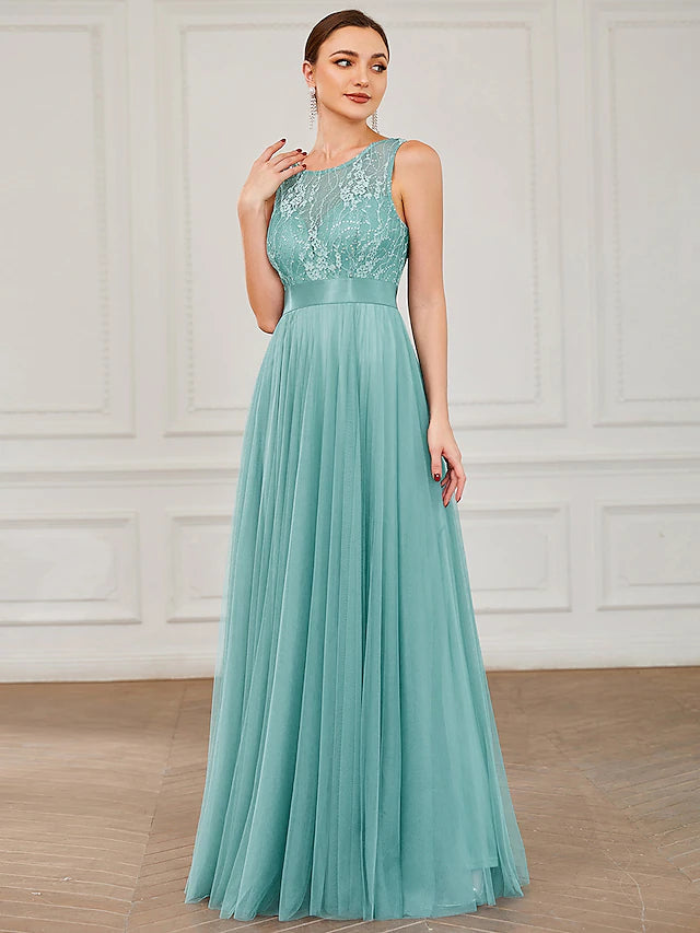 A-Line Prom Dresses Elegant Dress Wedding Guest Floor Length Sleeveless Jewel Neck Tulle with Sequin