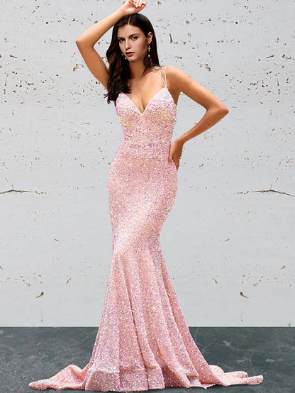 Mermaid / Trumpet Prom Dresses Open Back Dress Prom Sweep / Brush Train Sleeveless Sweetheart Sequined Backless