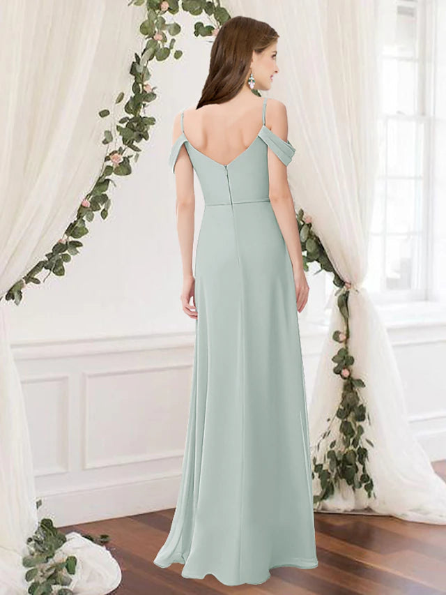 A-Line Bridesmaid Dress V Neck Sleeveless Elegant Floor Length Chiffon with Pleats / Split