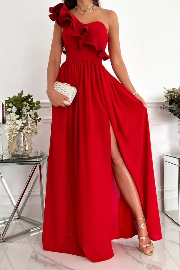Leisure solid color ruffled edge one shoulder cake skirt evening dress With Slit Party Dress