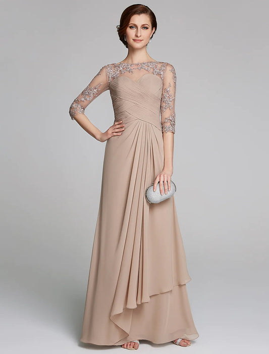 A-Line Mother of the Bride Dress Sparkle & Shine Boat Neck Floor Length Chiffon Lace 3/4 Length Sleeve with Crystals