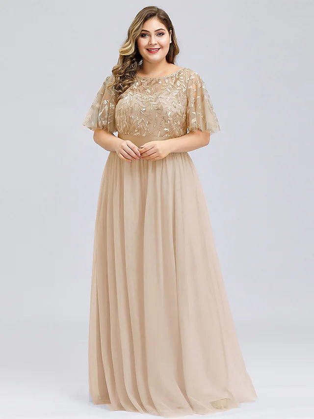 A-Line Prom Dresses Plus Size Dress Wedding Guest Floor Length Short Sleeve Jewel Neck Chiffon