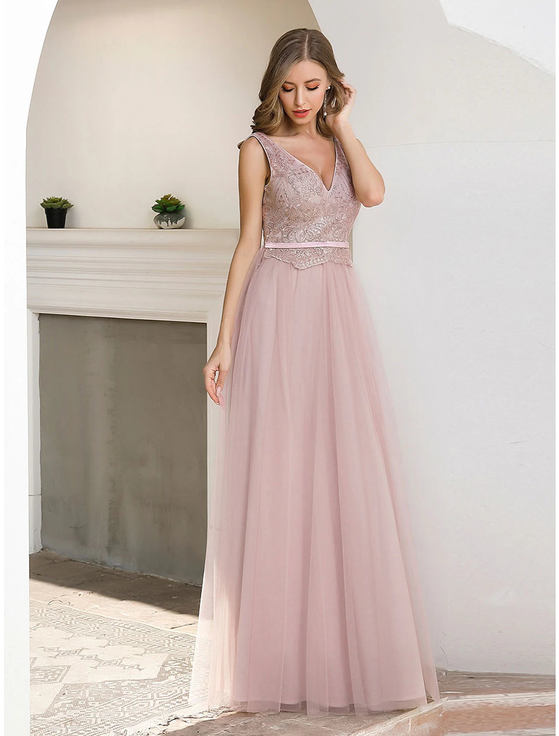 A-Line Evening Gown Elegant Dress Wedding Guest Formal Evening Floor Length Sleeveless V Neck Satin V Back with Sash / Ribbon