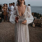 Beach Open Back Boho Wedding Dresses Sweep / Brush Train A-Line Long Sleeve V Neck Sequined