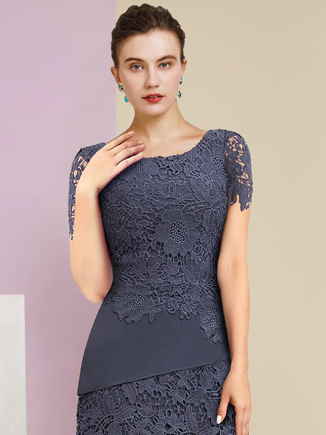 Two Piece Sheath / Column Mother of the Bride Dress Formal Wedding Guest Vintage Elegant Scoop Neck Jewel Neck Knee Length Chiffon Lace Short Sleeve Jacket Dresses with Tier