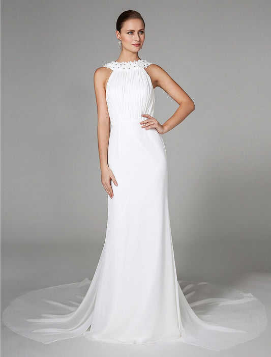 Wedding Dresses Sheath / Column High Neck Sleeveless Chapel Train Chiffon Bridal Gowns