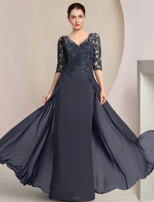 Sheath / Column Mother of the Bride Dress Formal Wedding Guest Elegant V Neck Floor Length Chiffon Lace Half Sleeve with Sequin