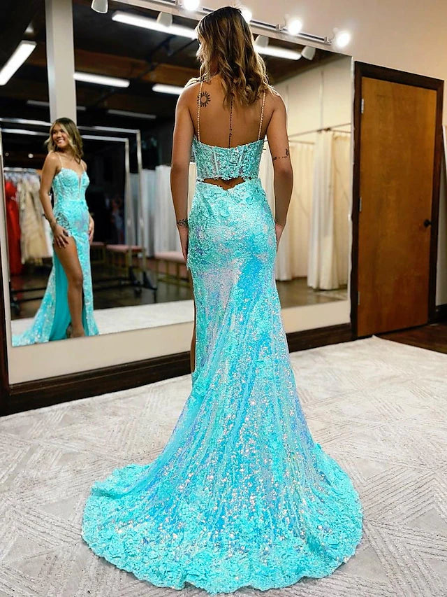 Mermaid / Trumpet Prom Dresses High Split Dress Formal Court Train Sleeveless V Neck Sequined