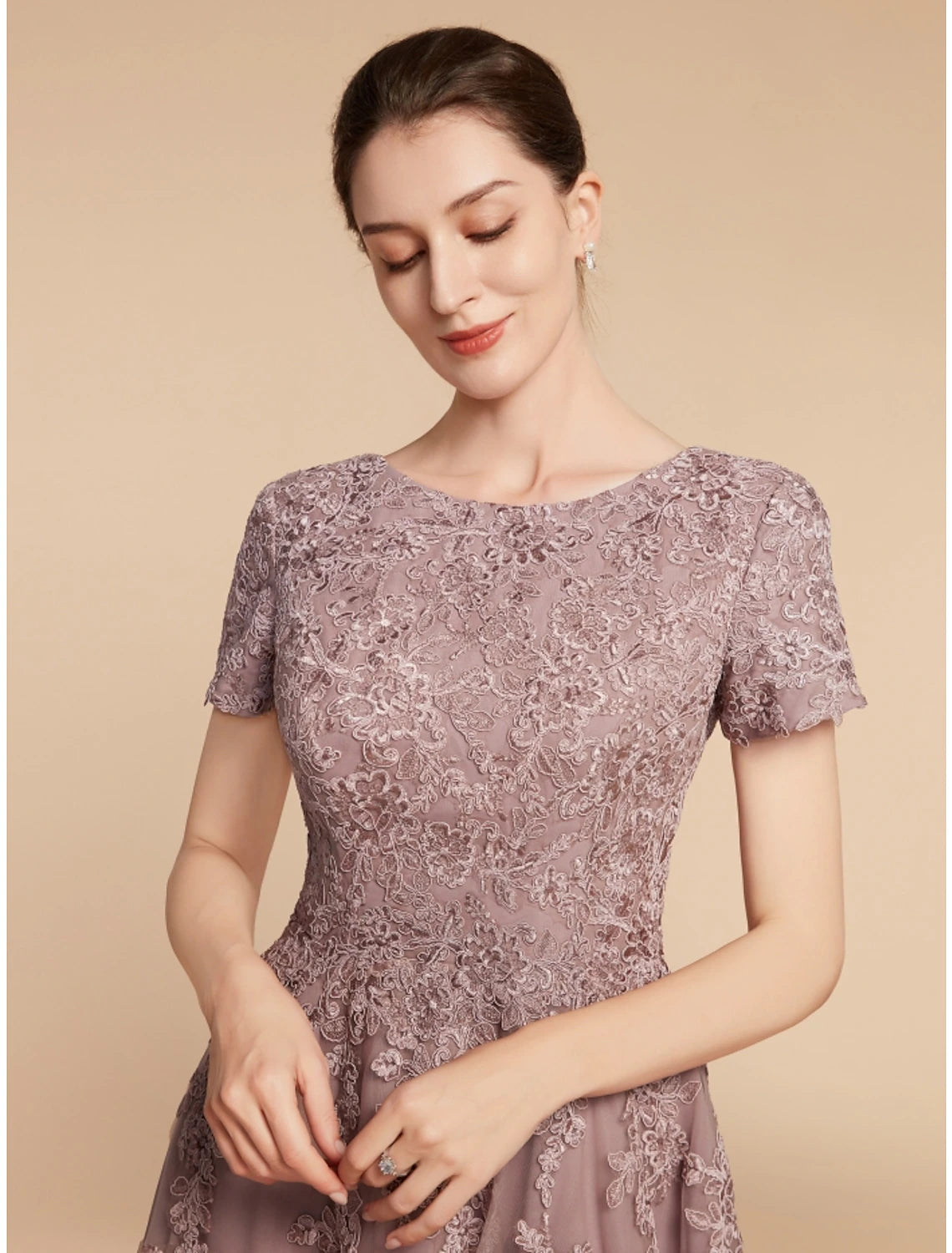 A-Line Mother of the Bride Dress Wedding Guest Elegant Petite Jewel Neck Tea Length Lace Tulle Short Sleeve