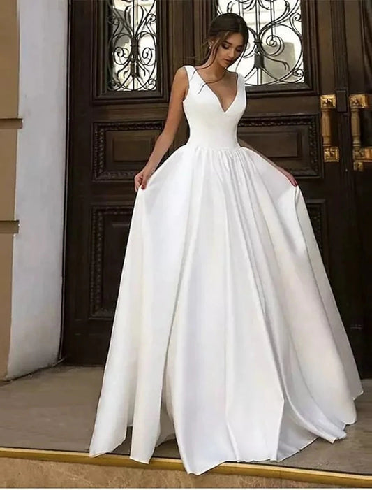 Reception Casual Formal Wedding Dresses A-Line V Neck Sleeveless Floor Length Satin Bridal Gowns With Pleats Solid Color Fall Wedding Party