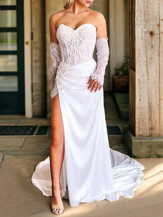 Tight Sweetheart Long sleeved Applique Lace Church Tail Woven Satin Tight Corset Wedding Dress With Slit