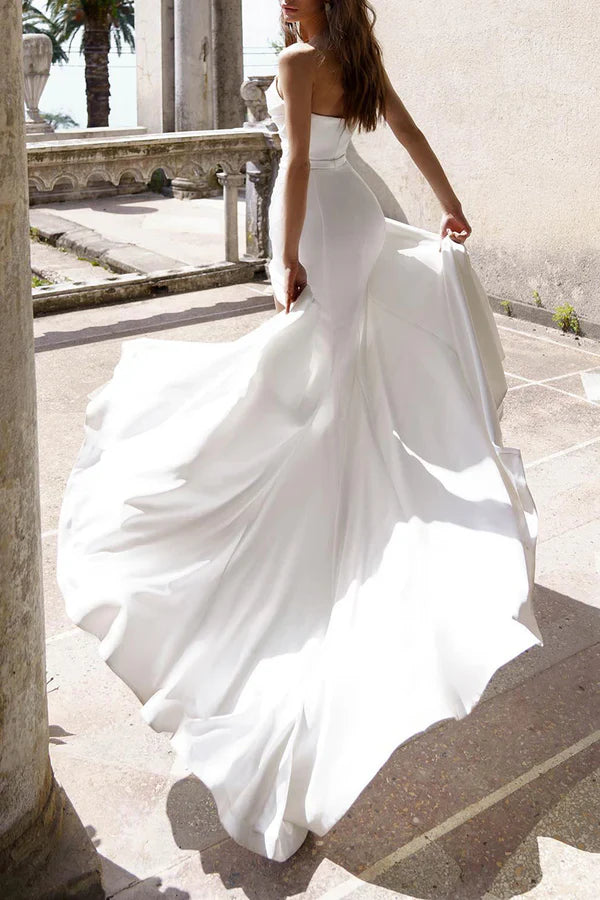 Mermaid/Trumpet Wedding Dress Illusion Neckline Bead Satin Pleated Bridal Dress With Slit