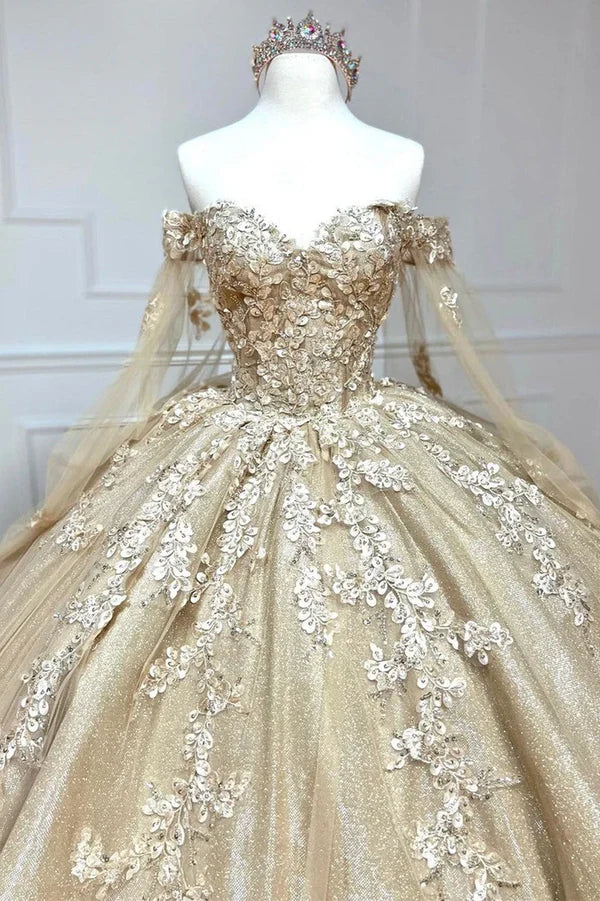 Charming Golden Sweetheart Ball Dress with Cloak Sleeves Adult Dress Quinceanera Dress
