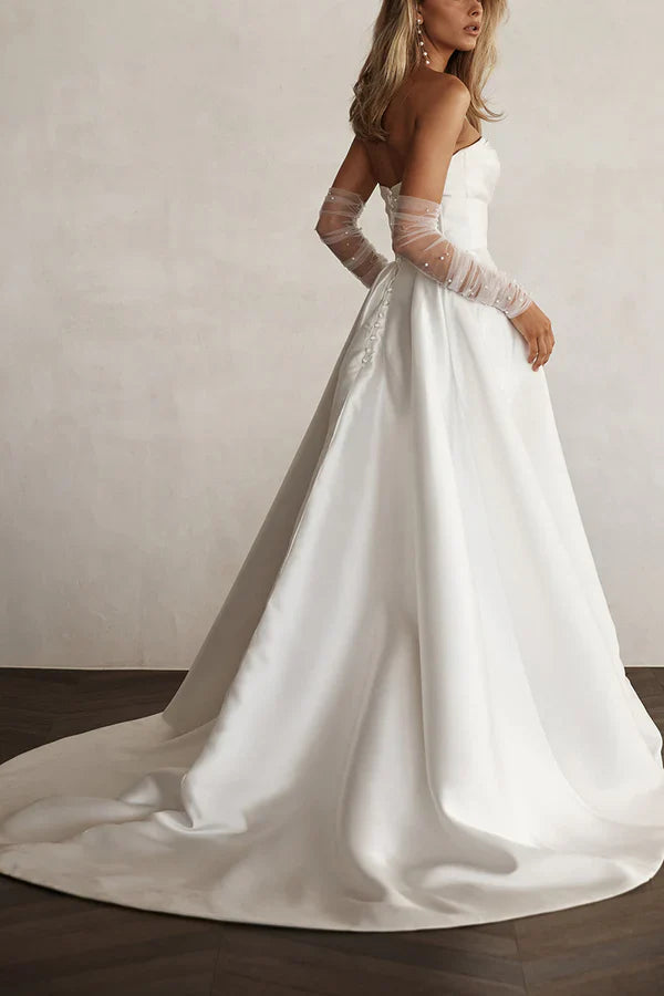 A line sweet satin pleated simple sleeved wedding dress Off Shoulder With Slit