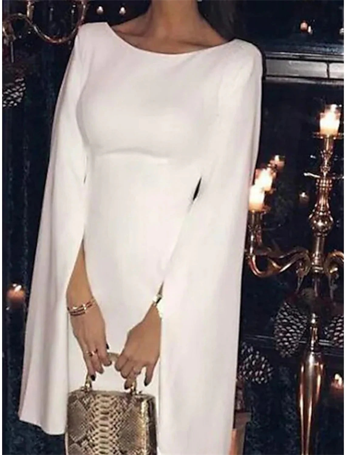 Sheath / Column Wedding Guest Dresses Elegant Dress Party Wear Tea Length Long Sleeve Jewel Neck Satin Backless