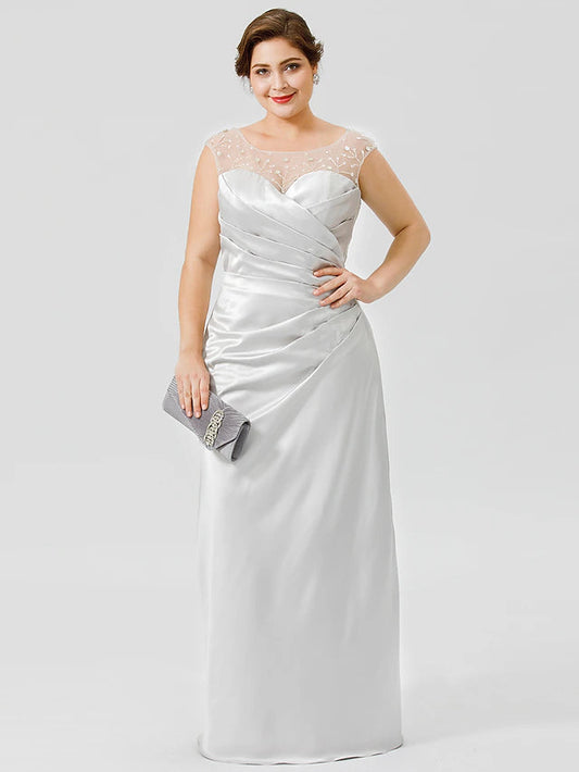 Sheath / Column Mother of the Bride Dress Classic & Timeless Elegant & Luxurious Plus Size Jewel Neck Floor Length Satin Sleeveless No with Pleats