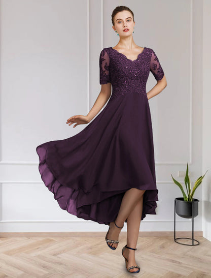 A-Line Mother of the Bride Dress Wedding Guest Elegant V Neck Floor Length Chiffon Lace Short Sleeve