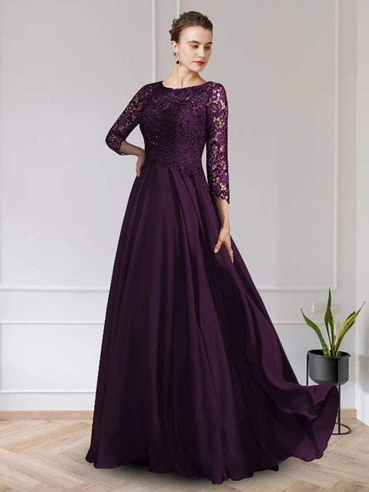 A-Line Mother of the Bride Dress Elegant V Neck Floor Length Chiffon Lace Long Sleeve with Appliques Beautiful