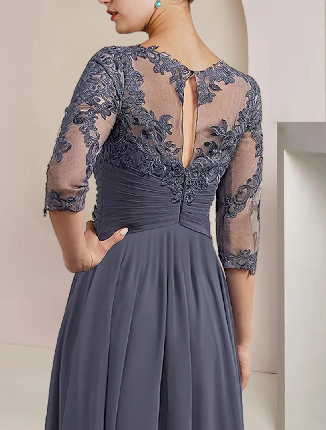 Two Piece A-Line Mother of the Bride Dress Formal Wedding Guest Elegant Scoop Neck Tea Length Chiffon Lace 3/4 Length Sleeve Wrap Included with Appliques