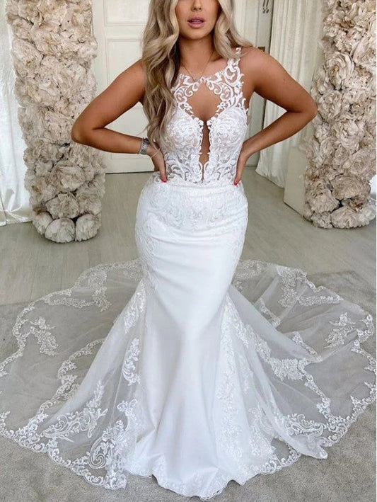 Lace Mermaid Wedding Dress Appliques Tulle Wedding Dress Sleeveless Elegant