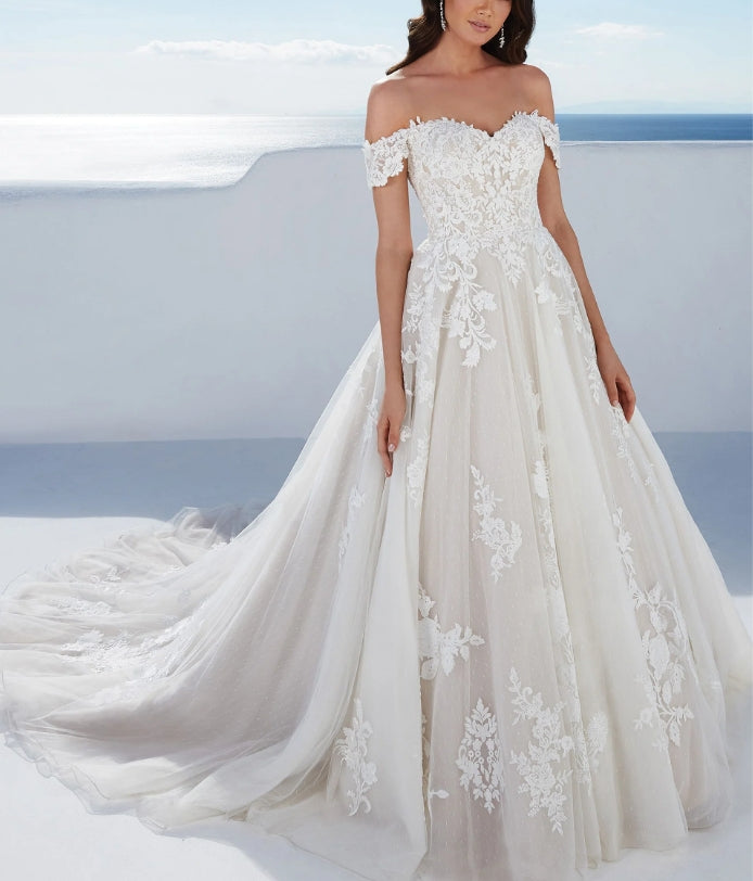 Off-The-Shoulder Ball-Gown Lace Wedding Dresses With Tulle Floor Length Elegant