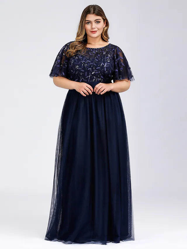 A-Line Prom Dresses Plus Size Dress Wedding Guest Floor Length Short Sleeve Jewel Neck Chiffon