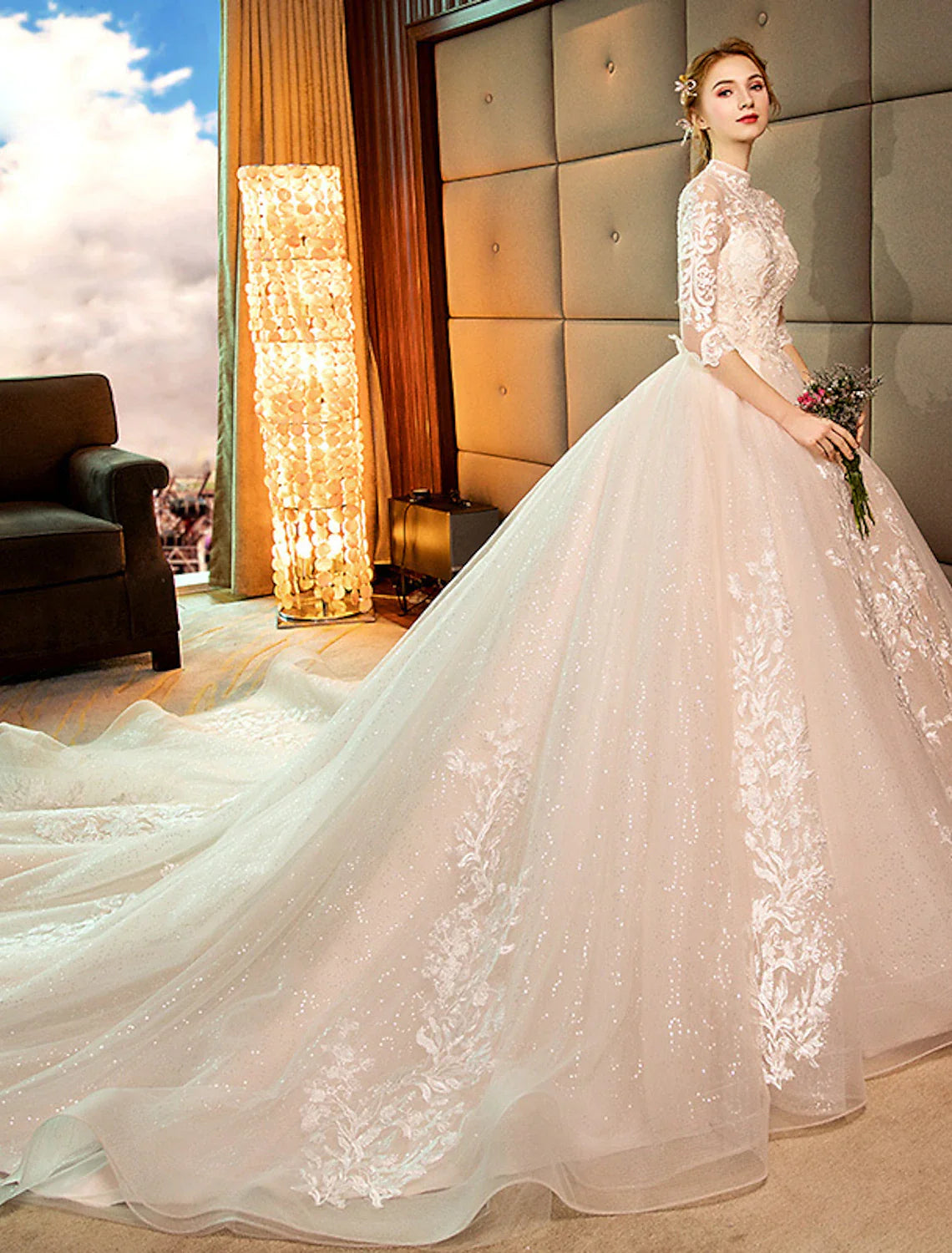 Engagement Sparkle & Shine Formal Fall Wedding Dresses Ball Gown High Neck Long Sleeve Cathedral Train Lace Bridal Gowns With Sequin Appliques Summer Wedding Party, Women¡®s Clothing