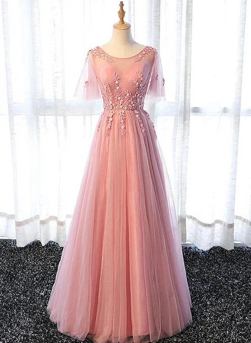 Pink Tulle A-line Long Party Dress Bridesmaid Dress A Line Short Sleeves Floor Length Prom Dress