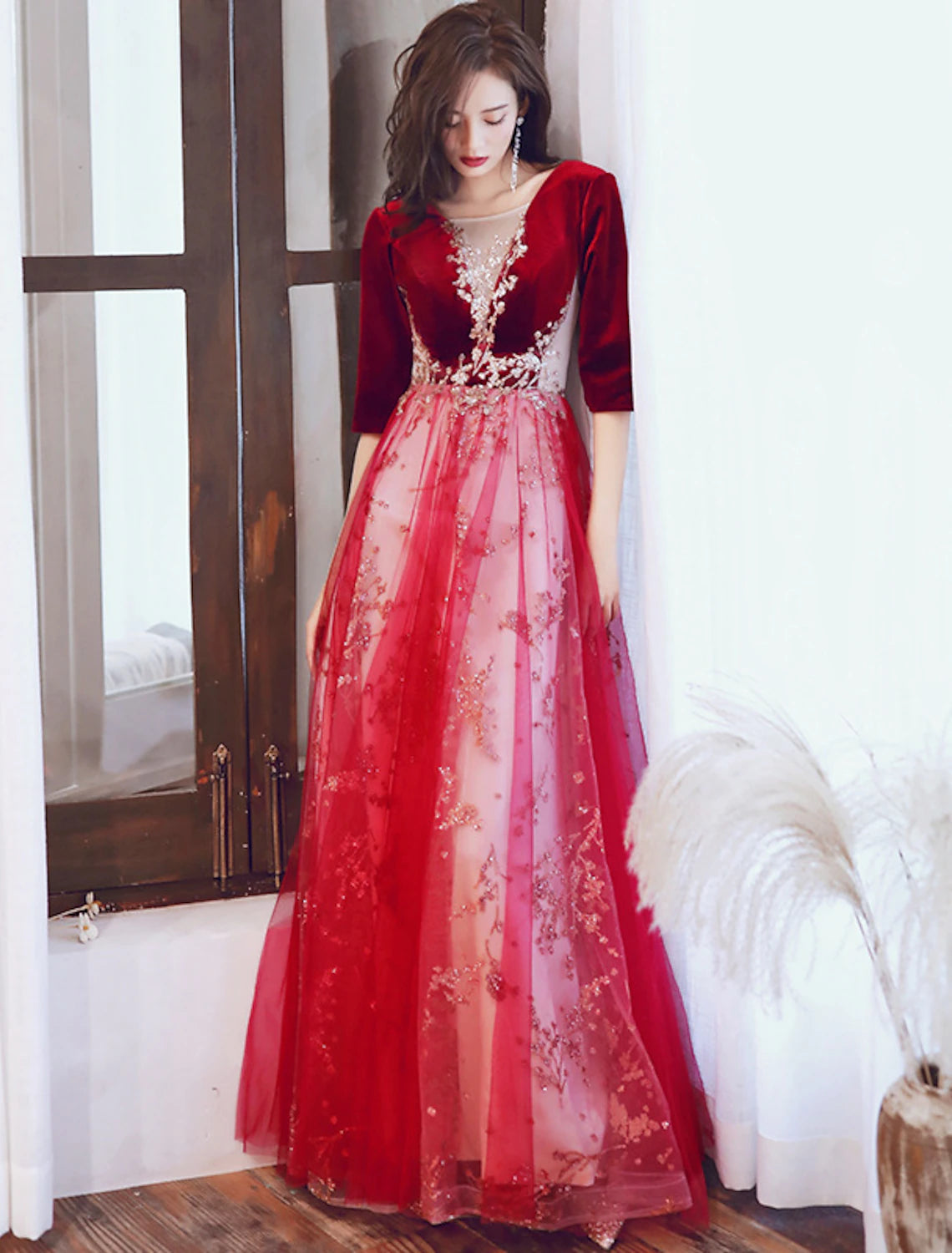 A-Line Glittering Cut Out Party Wear Formal Evening Dress Illusion Neck Half Sleeve Floor Length Velvet with Sequin
