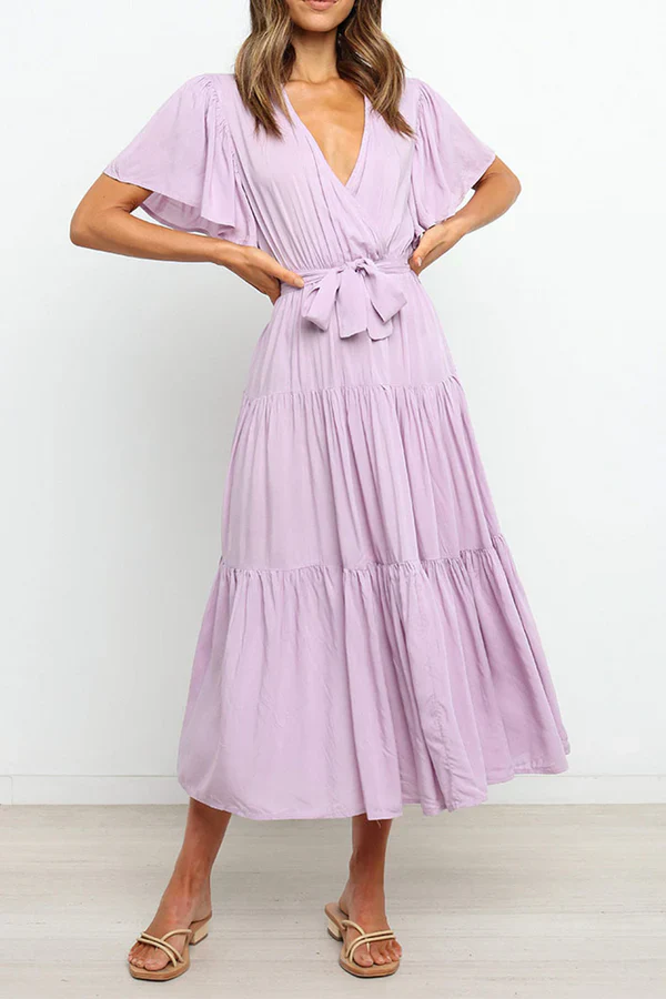 Leisure solid color patchwork V-neck cake dress evening dress Party Dress