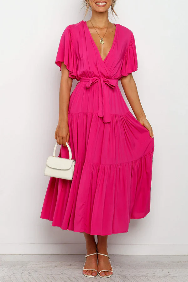 Leisure solid color patchwork V-neck cake dress evening dress Party Dress